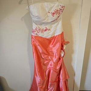Elegant White and Coral Strapless Gown